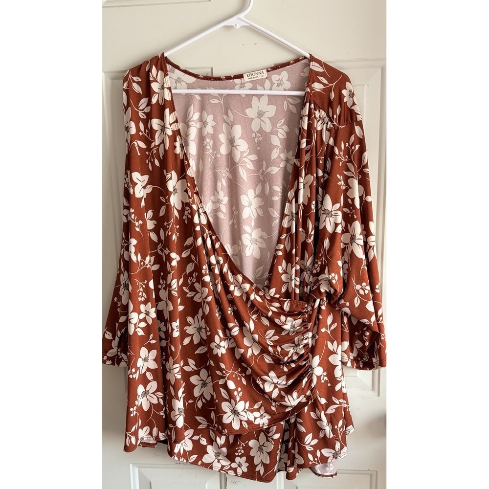 Kiyonna 4X Floral Faux Wrap Top Rust Ivory Ruched Plus Size Made in‎ USA